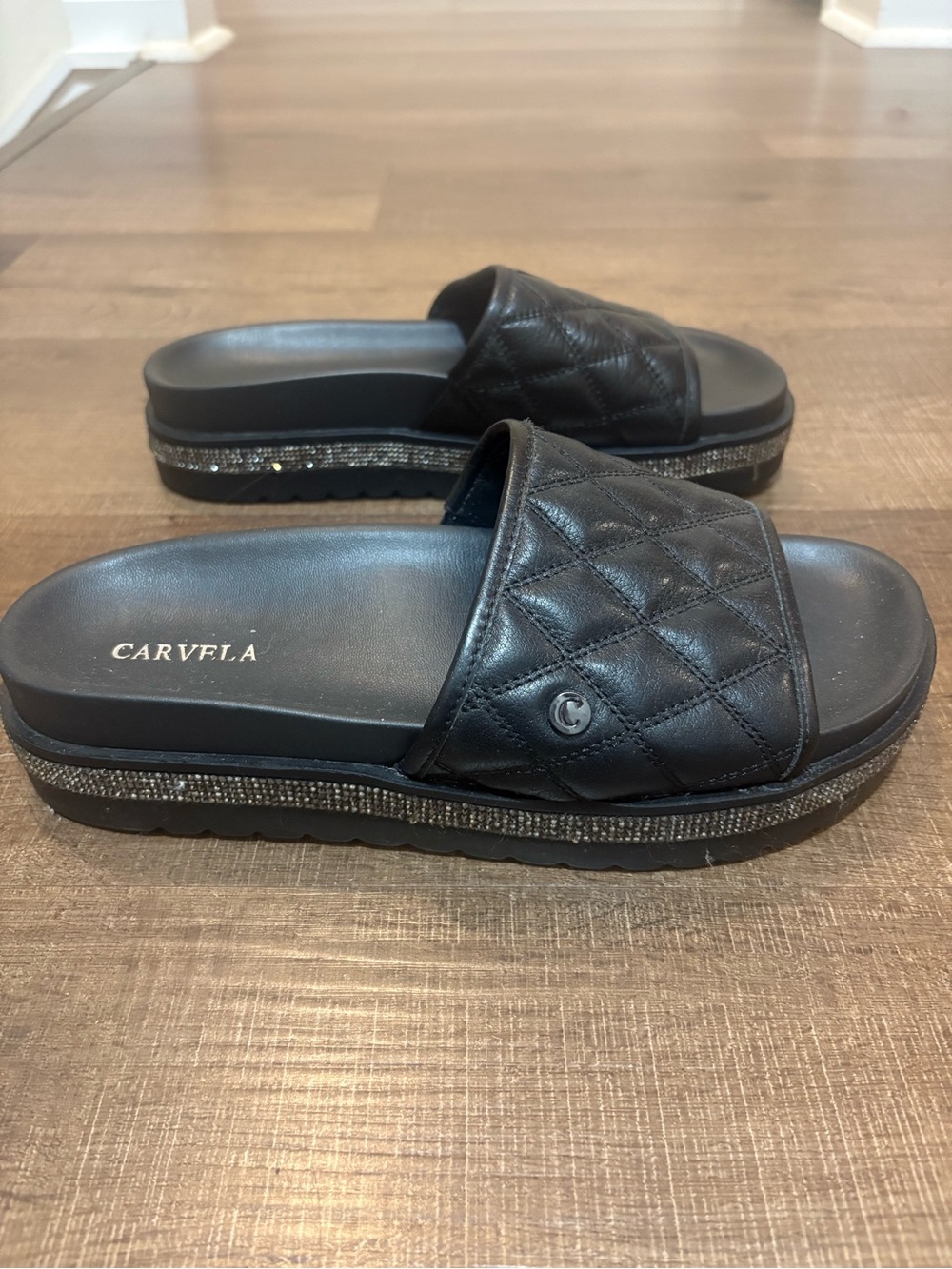 Carvela Quilted Slide Mules with Rhinestone Platform — Black